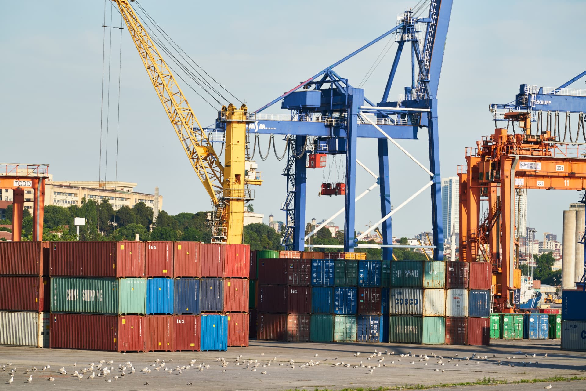 Aktivitas peti kemas dan crane di terminal pelabuhan